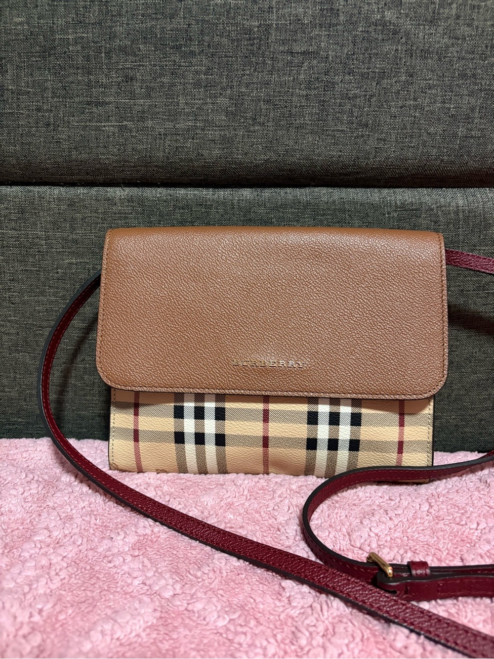 Burberry Brown Leather & Nova Check Crossbody with Burgundy Strap